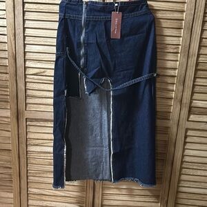 Raw Trim Asymmetrical Hem Denim Skirt